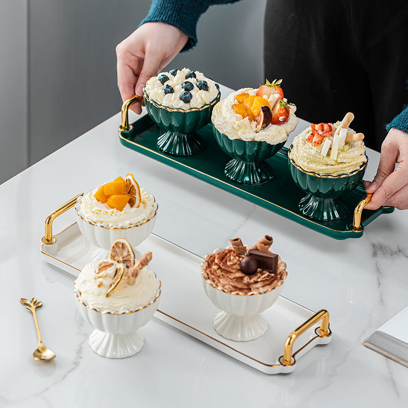 Luxury Emerald Ceramic Dessert Bowls with Tray – Elegant Ice Cream, Snack & Fruit Serving Set