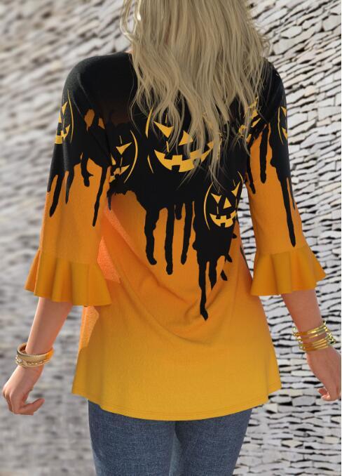 Halloween Pumpkin Print Flared Sleeve Crew Neck T Shirt