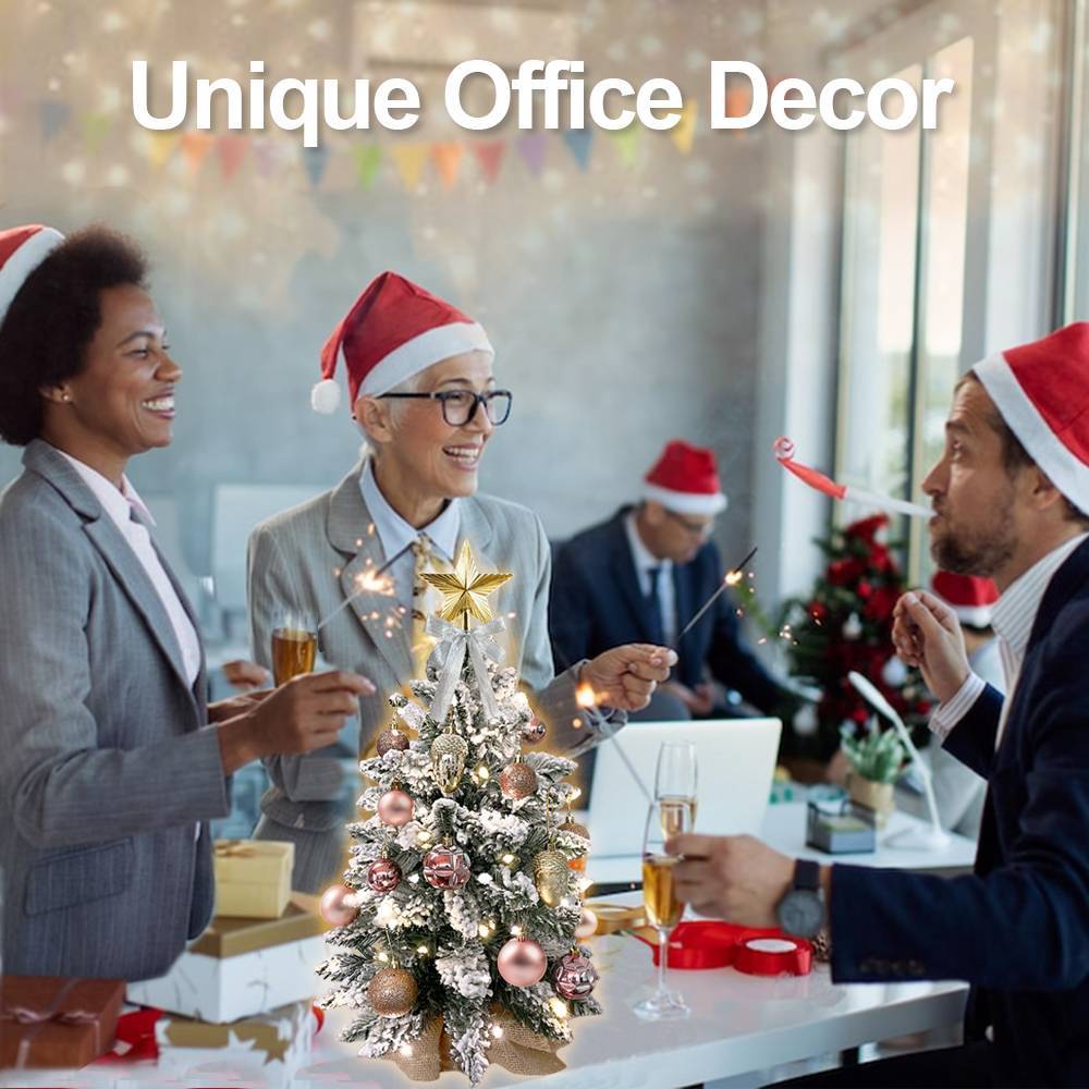 22in Tabletop Artificial Mini Rose Gold Christmas Tree W Light With Flocked Snow