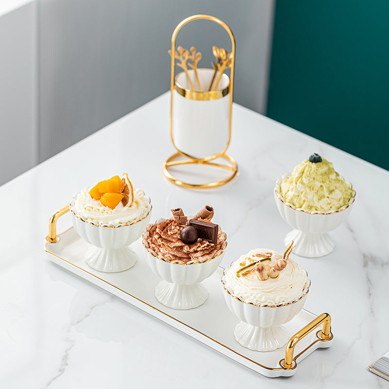 Luxury Emerald Ceramic Dessert Bowls with Tray – Elegant Ice Cream, Snack & Fruit Serving Set