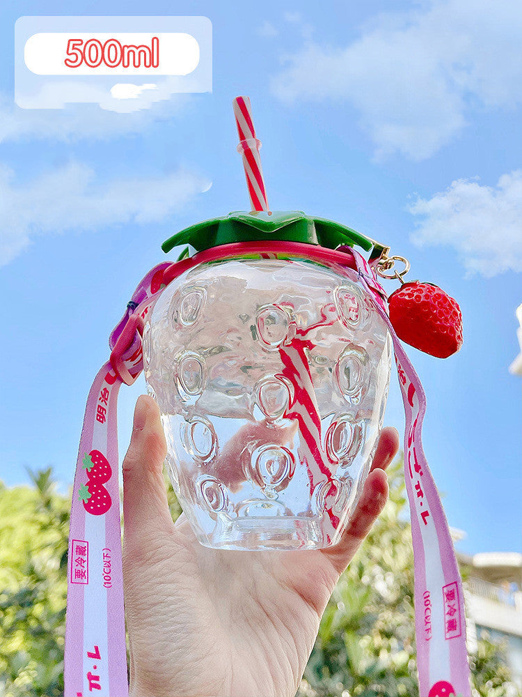500ml Kawaii Strawberry Water Bottle with Straw, Strap & Pendant