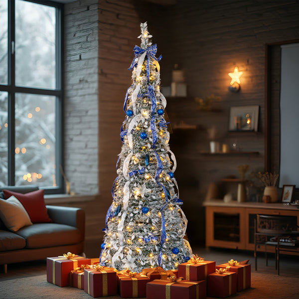 7 FT Snow Flocked Pre-lit Artificial Pop Up Christmas Tree With 200 Warm Lights And Blue & Silver Ornaments For Home Office Store Holiday Deco