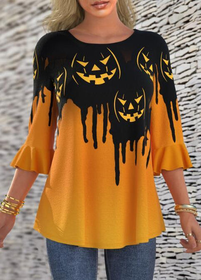 Halloween Pumpkin Print Flared Sleeve Crew Neck T Shirt