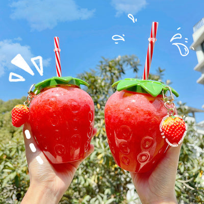 500ml Kawaii Strawberry Water Bottle with Straw, Strap & Pendant