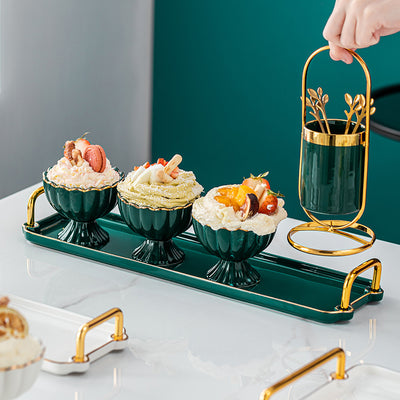 Luxury Emerald Ceramic Dessert Bowls with Tray – Elegant Ice Cream, Snack & Fruit Serving Set