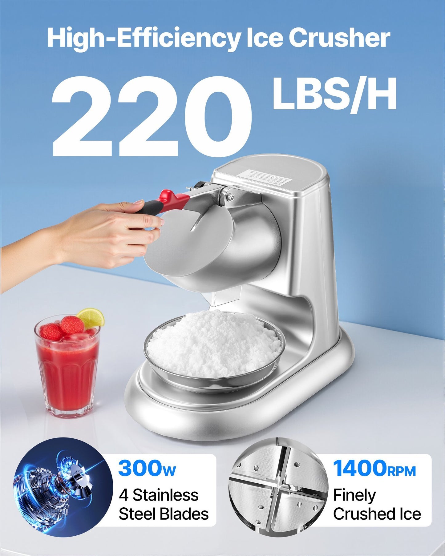Commercial Ice Crusher 220LBS H Electric Snow Cone Maker Shaved Ice Silver