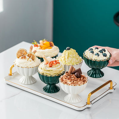 Luxury Emerald Ceramic Dessert Bowls with Tray – Elegant Ice Cream, Snack & Fruit Serving Set