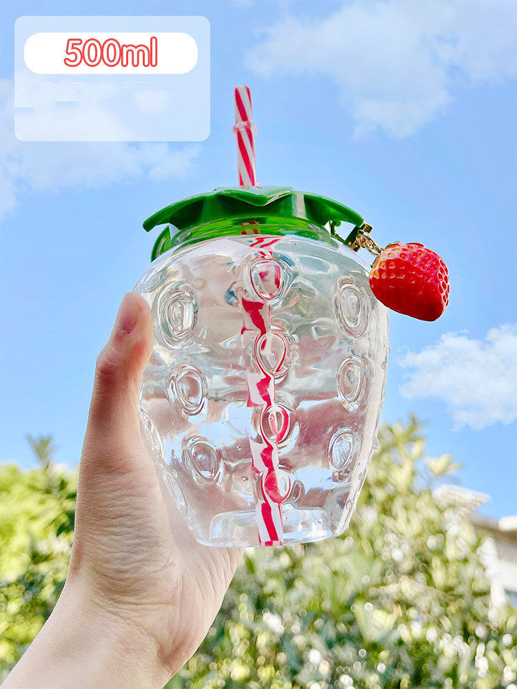 500ml Kawaii Strawberry Water Bottle with Straw, Strap & Pendant