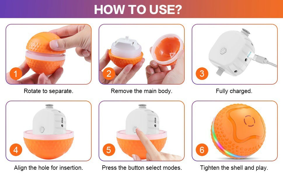 Interactive Dog Toys Ball, Automatic Rolling Toy With LED Flash, USB Rechargeable Orange Purple