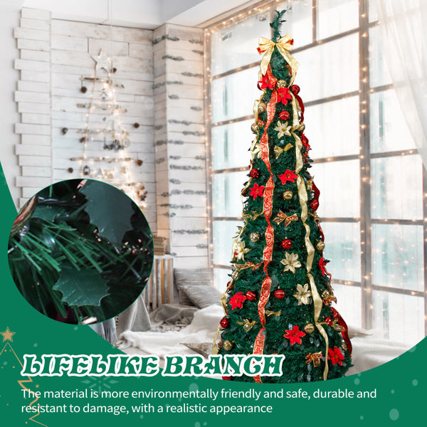 7 FT Fully Decorated Pre-lit Christmas Tree, Pop Up Artificial Xmas Tree With 200 Warm Lights Remote Control And Red & Golden Ornaments For Home Office Store Holiday Deco