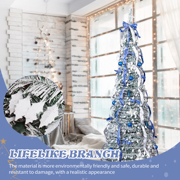7 FT Snow Flocked Pre-lit Artificial Pop Up Christmas Tree With 200 Warm Lights And Blue & Silver Ornaments For Home Office Store Holiday Deco