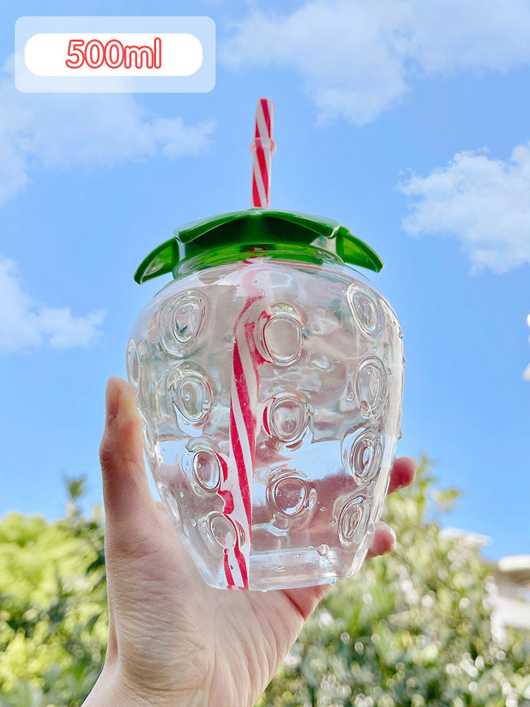 500ml Kawaii Strawberry Water Bottle with Straw, Strap & Pendant