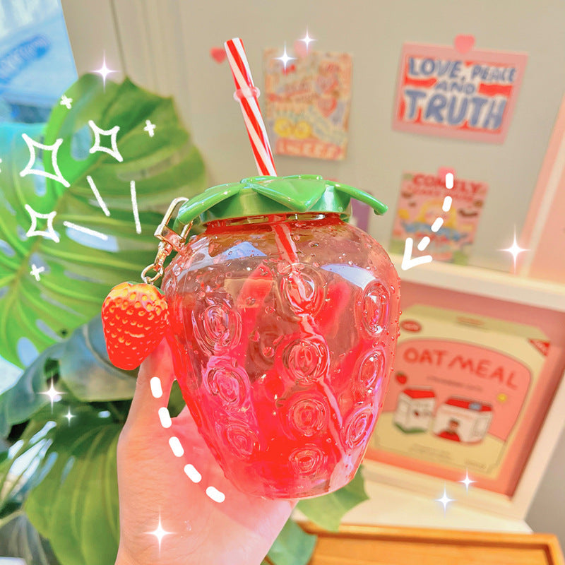 500ml Kawaii Strawberry Water Bottle with Straw, Strap & Pendant