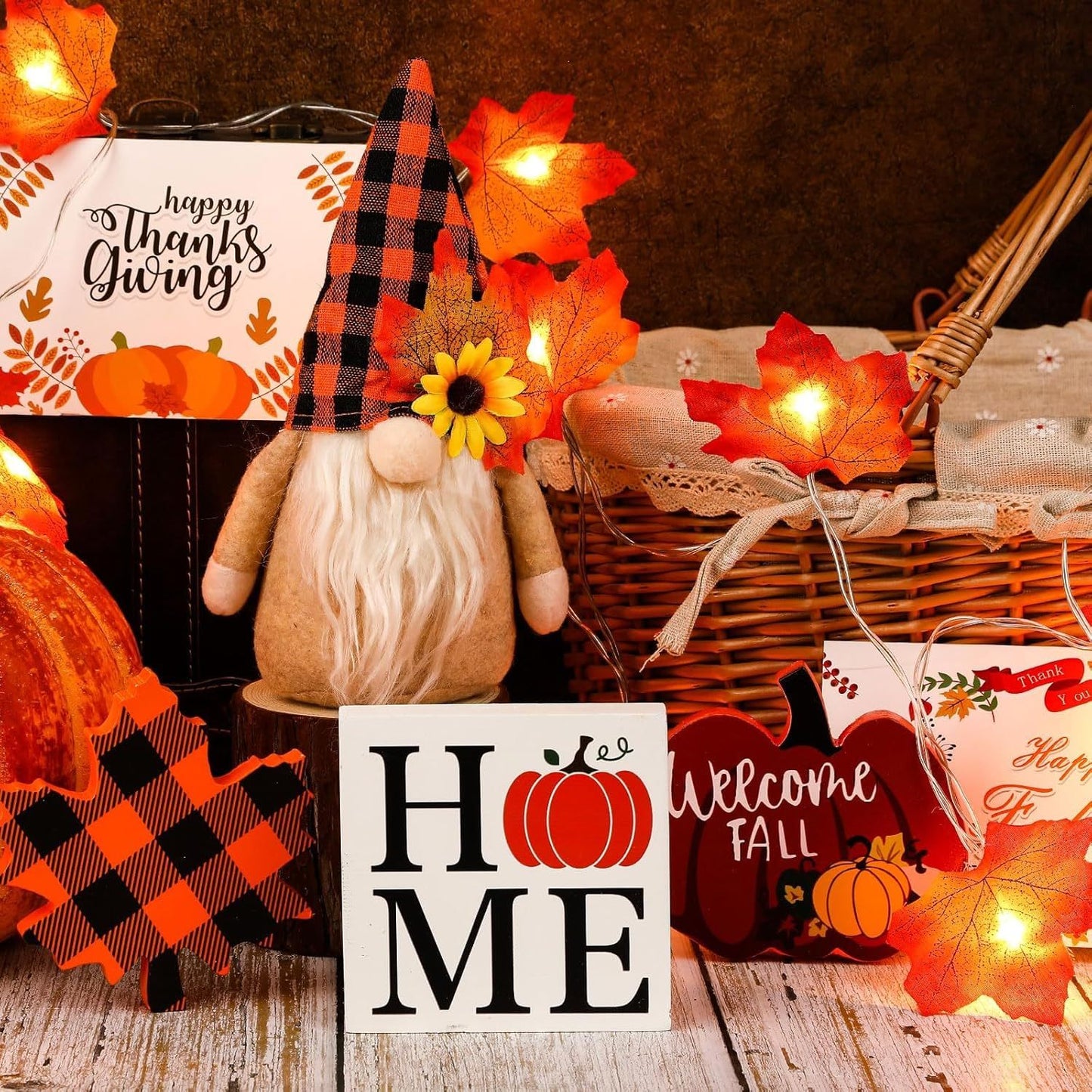 Fall Gnome Tiered Tray Decorations Set Farmhouse Pumpkin Decor Autumn Maple Leaf Table Centerpieces With Fall String Lights Thankgiving Day Fall Greeting Card Autumn Harvest Decorations