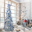7 FT Snow Flocked Pre-lit Artificial Pop Up Christmas Tree With 200 Warm Lights And Blue & Silver Ornaments For Home Office Store Holiday Deco