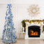 7 FT Snow Flocked Pre-lit Artificial Pop Up Christmas Tree With 200 Warm Lights And Blue & Silver Ornaments For Home Office Store Holiday Deco