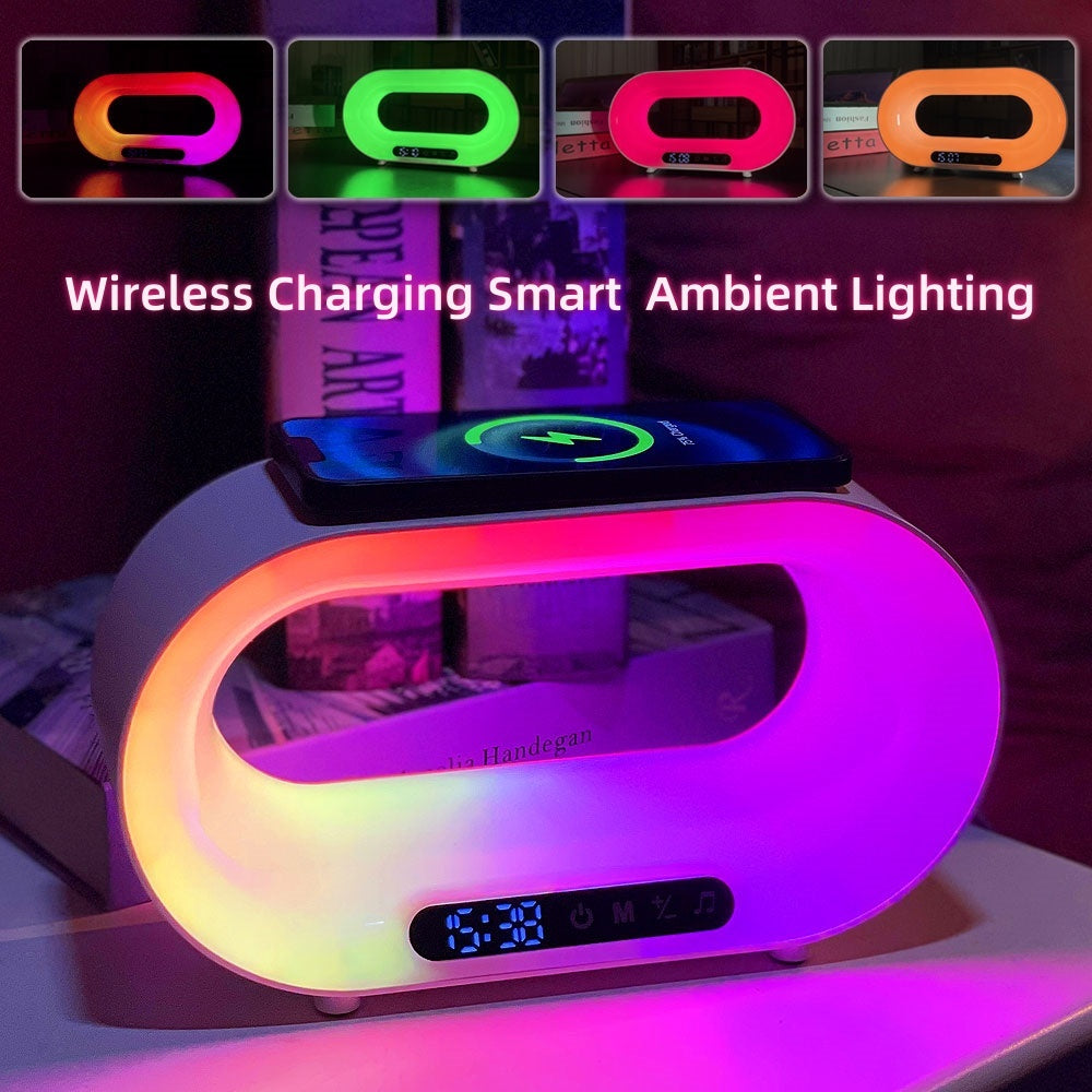 Multi-function 3 In 1 LED App Control RGB Atmosphere Desk Lamp, Smart Multifunctional Wireless Charger & Alarm Clock
