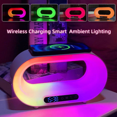 Multi-function 3 In 1 LED App Control RGB Atmosphere Desk Lamp, Smart Multifunctional Wireless Charger & Alarm Clock
