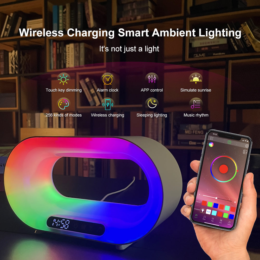 Multi-function 3 In 1 LED App Control RGB Atmosphere Desk Lamp, Smart Multifunctional Wireless Charger & Alarm Clock