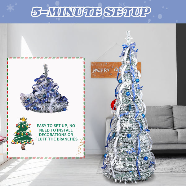 7 FT Snow Flocked Pre-lit Artificial Pop Up Christmas Tree With 200 Warm Lights And Blue & Silver Ornaments For Home Office Store Holiday Deco
