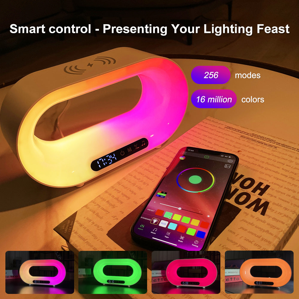 Multi-function 3 In 1 LED App Control RGB Atmosphere Desk Lamp, Smart Multifunctional Wireless Charger & Alarm Clock