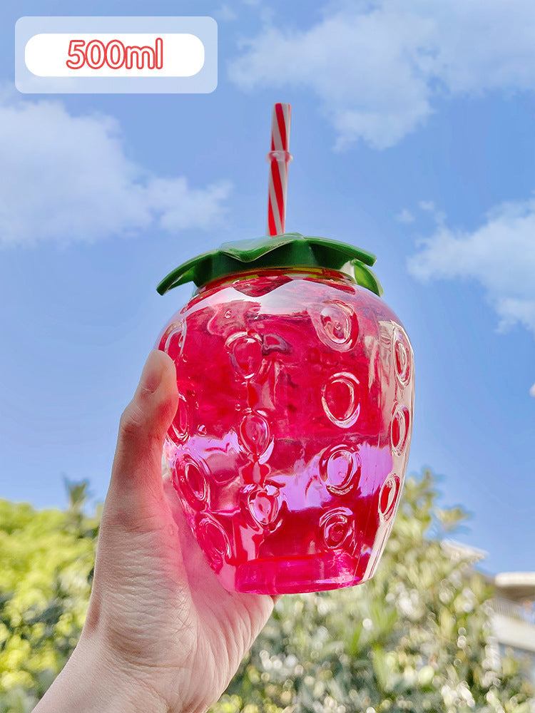 500ml Kawaii Strawberry Water Bottle with Straw, Strap & Pendant