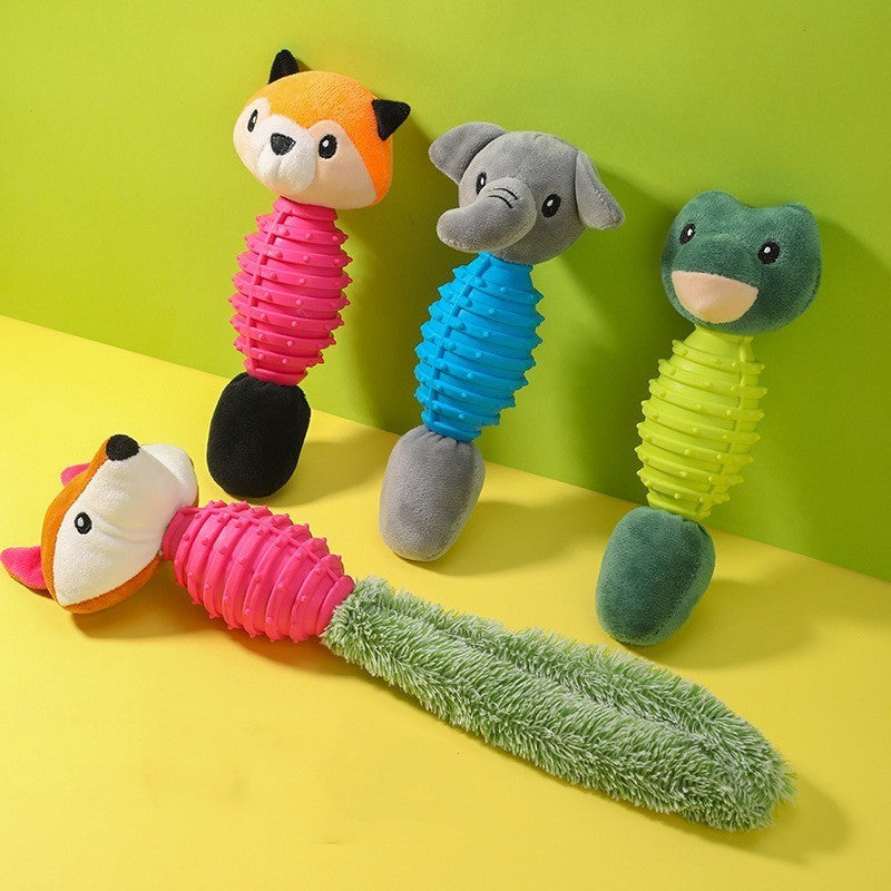 Colorful dog toys shaped like animals on a yellow and green background