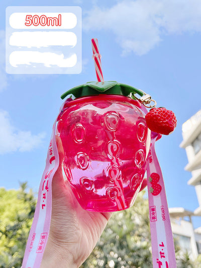 500ml Kawaii Strawberry Water Bottle with Straw, Strap & Pendant