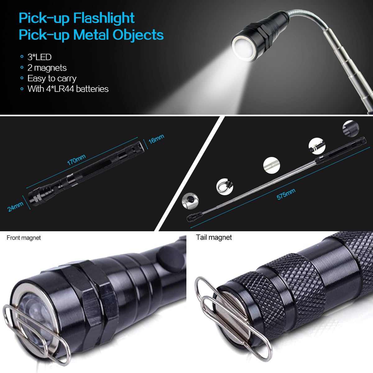 Flashlight Telescopic Rotating Aluminum Alloy LED Magnet To Pick Up Work Light