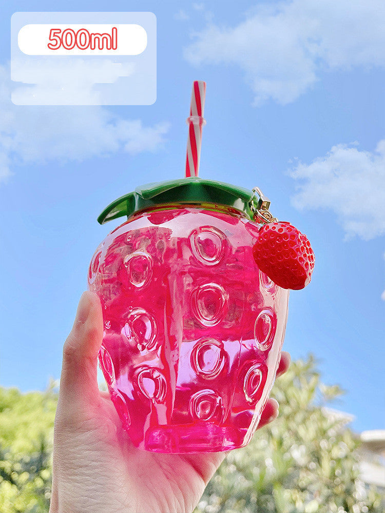 500ml Kawaii Strawberry Water Bottle with Straw, Strap & Pendant
