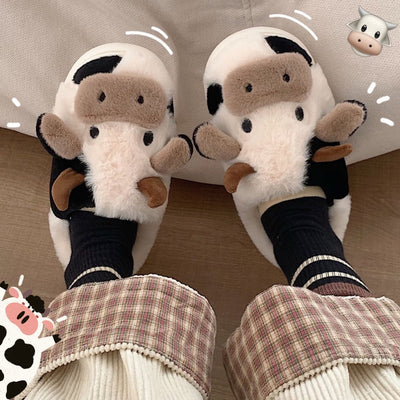 Cute Cow Animal Slipper For Women | Kawaii Soft Fluffy Winter Warm Slippers