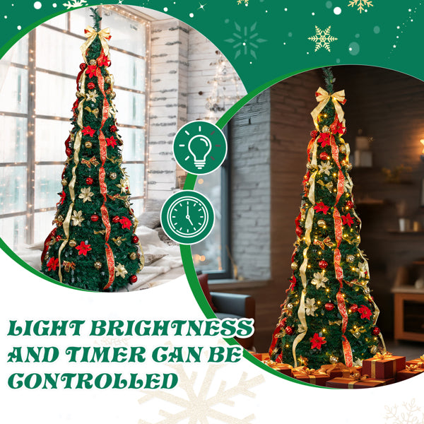 7 FT Fully Decorated Pre-lit Christmas Tree, Pop Up Artificial Xmas Tree With 200 Warm Lights Remote Control And Red & Golden Ornaments For Home Office Store Holiday Deco