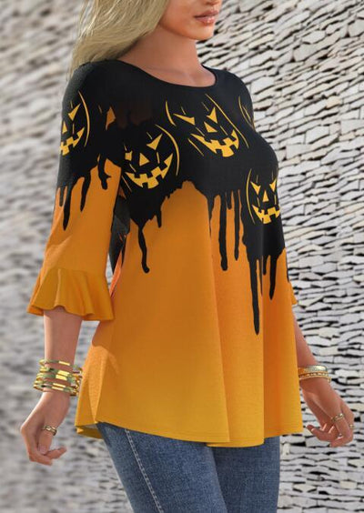Halloween Pumpkin Print Flared Sleeve Crew Neck T Shirt