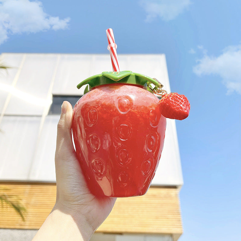 500ml Kawaii Strawberry Water Bottle with Straw, Strap & Pendant