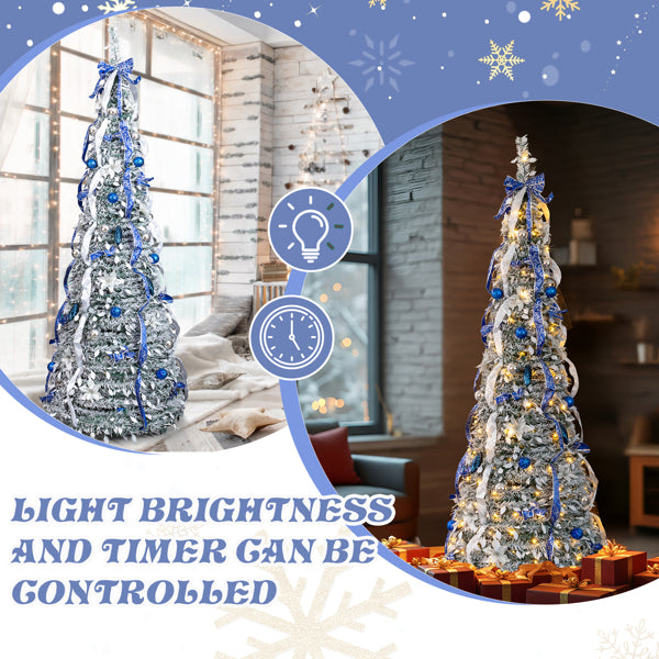 7 FT Snow Flocked Pre-lit Artificial Pop Up Christmas Tree With 200 Warm Lights And Blue & Silver Ornaments For Home Office Store Holiday Deco