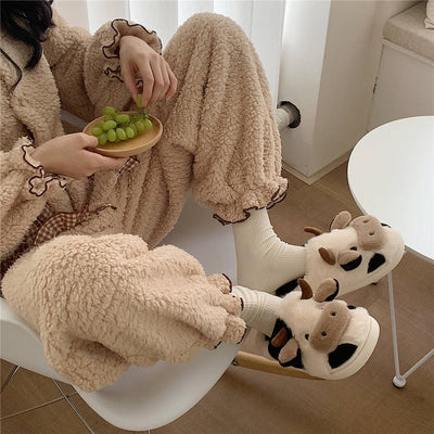 Cute Cow Animal Slipper For Women | Kawaii Soft Fluffy Winter Warm Slippers